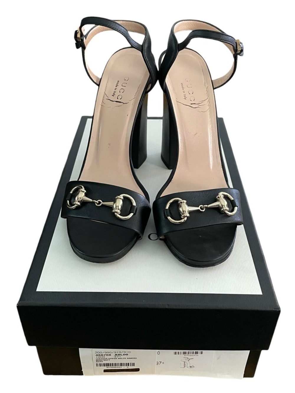 Gucci Women’s Black Leather Upper Horsebit Peep Toe Block Sandal Heels Size 37.5 - Picture 3 of 11